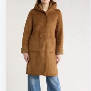 Lucky Brand Womens Faux Suede Sherpa Hooded Parka Jacket Medium M Cognac Camel